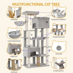 Poste Rascador para Gatos 200cm XXL, Incluye 10 Postes Rascadores, 2 Camas para Gatos, 2 Hamacas, Plataforma Grande, Cepillo para Gatos, Cesta, Árbol para Gatos de Alta Resistencia, Adecuado para Maine Coons y Gatos Grandes, Gris Claro, Gris Oscuro, Beige