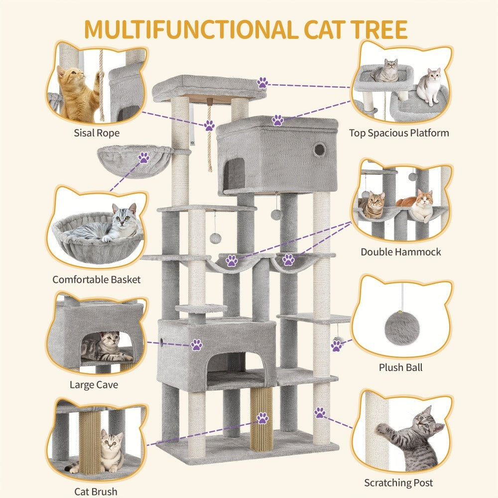 Poste Rascador para Gatos 200cm XXL, Incluye 10 Postes Rascadores, 2 Camas para Gatos, 2 Hamacas, Plataforma Grande, Cepillo para Gatos, Cesta, Árbol para Gatos de Alta Resistencia, Adecuado para Maine Coons y Gatos Grandes, Gris Claro, Gris Oscuro, Beige
