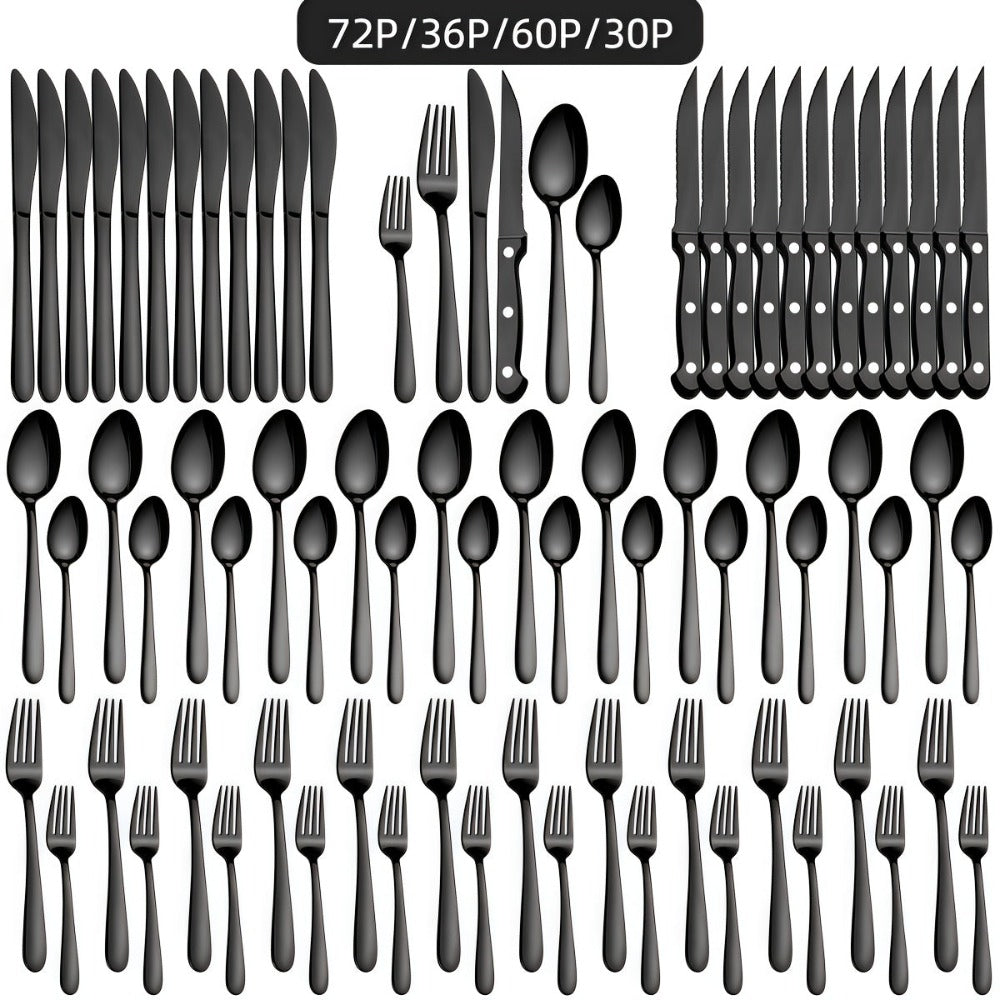 Juego de vajilla de acero inoxidable negro de 36 piezas, vajilla de acero inoxidable de alta calidad, negro brillante, adecuado para 6 personas, juego de cubiertos de cuchillo, tenedor, cuchara, ideal para bodas, fiestas, cumpleaños, restaurantes, apto pa