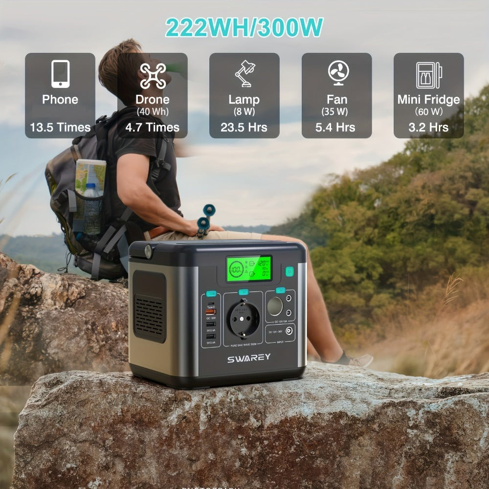 Swarey Batería Portátil Estación de Energía, Generador Solar con Batería de Litio 222Wh, Salida AC 300W, USB-C PD 65W, Generador de Energía para Camping, Viajes, Pesca, RV, Laptop y Smartphone