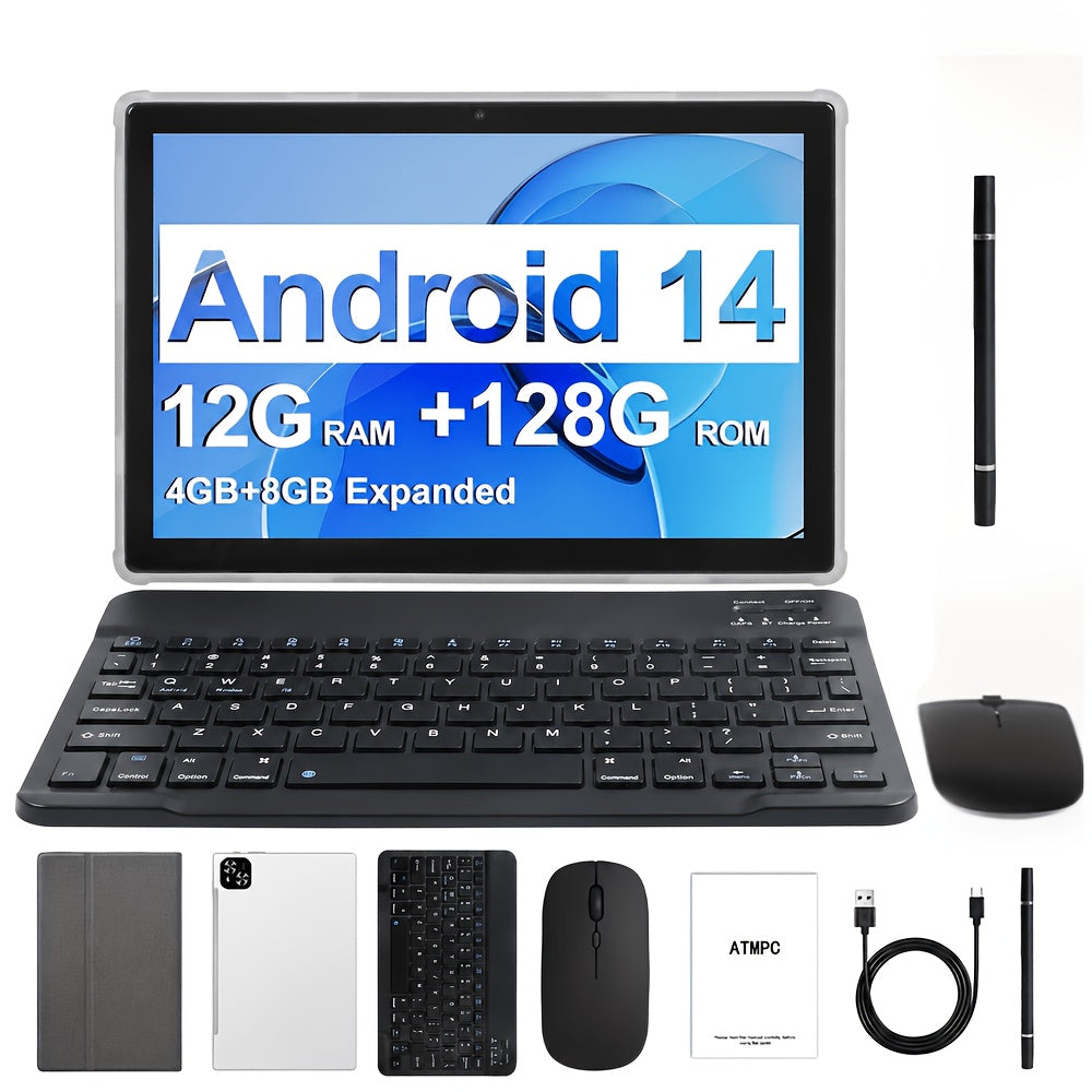Tabletas Android | Tableta Android 14 de 10.1 Pulgadas, Tabletas 2 en 1 con Teclado, Ratón, Funda, Stylus, 128GB ROM y 12GB RAM (4GB+8GB), Doble