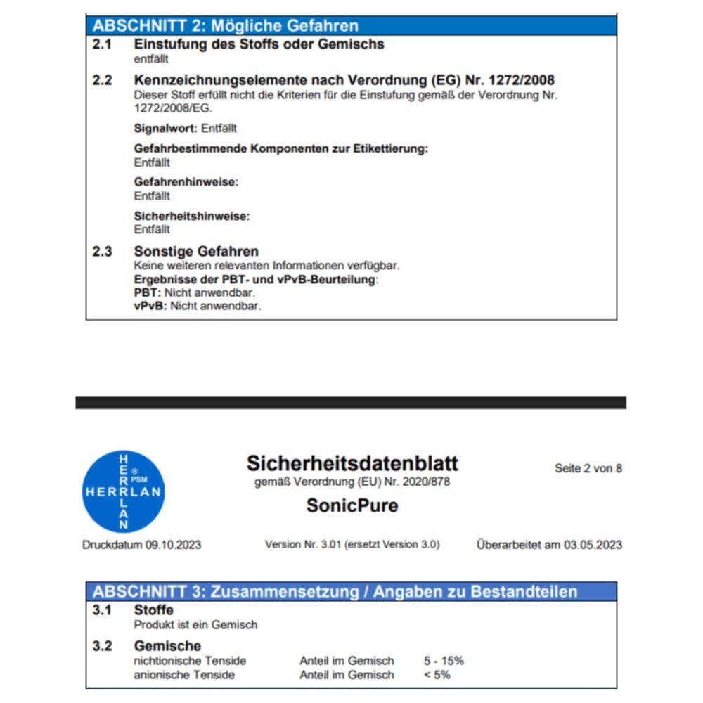 HERRLAN® SonicPure Concentrado de Limpieza Ultrasónica 1000 ml - Concentrado Líquido para Limpiadores Ultrasónicos y Estuche de Gafas - Hecho en Alemania