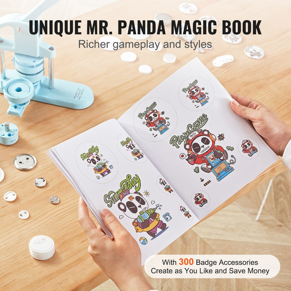 VEVOR Máquina para Hacer Botones, 1/1.25/2.28 pulgadas (25/32/58mm) 3 EN 1, Máquina para Poner Pines, 300 Piezas para Botones, Máquina para Hacer Botones con Libro Mágico de Panda, Kit de Prensa de Punzonado con Mango de Arco Ergonómico, Para Regalos DIY