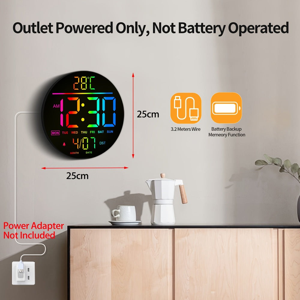 Reloj de pared digital - 25 cm/10 11" RGB, brillo automático, temperatura, fecha y día, horario de verano automático, luz nocturna, sin tictac, reloj de pared eléctrico LED moderno para dormitorio, sala de estar