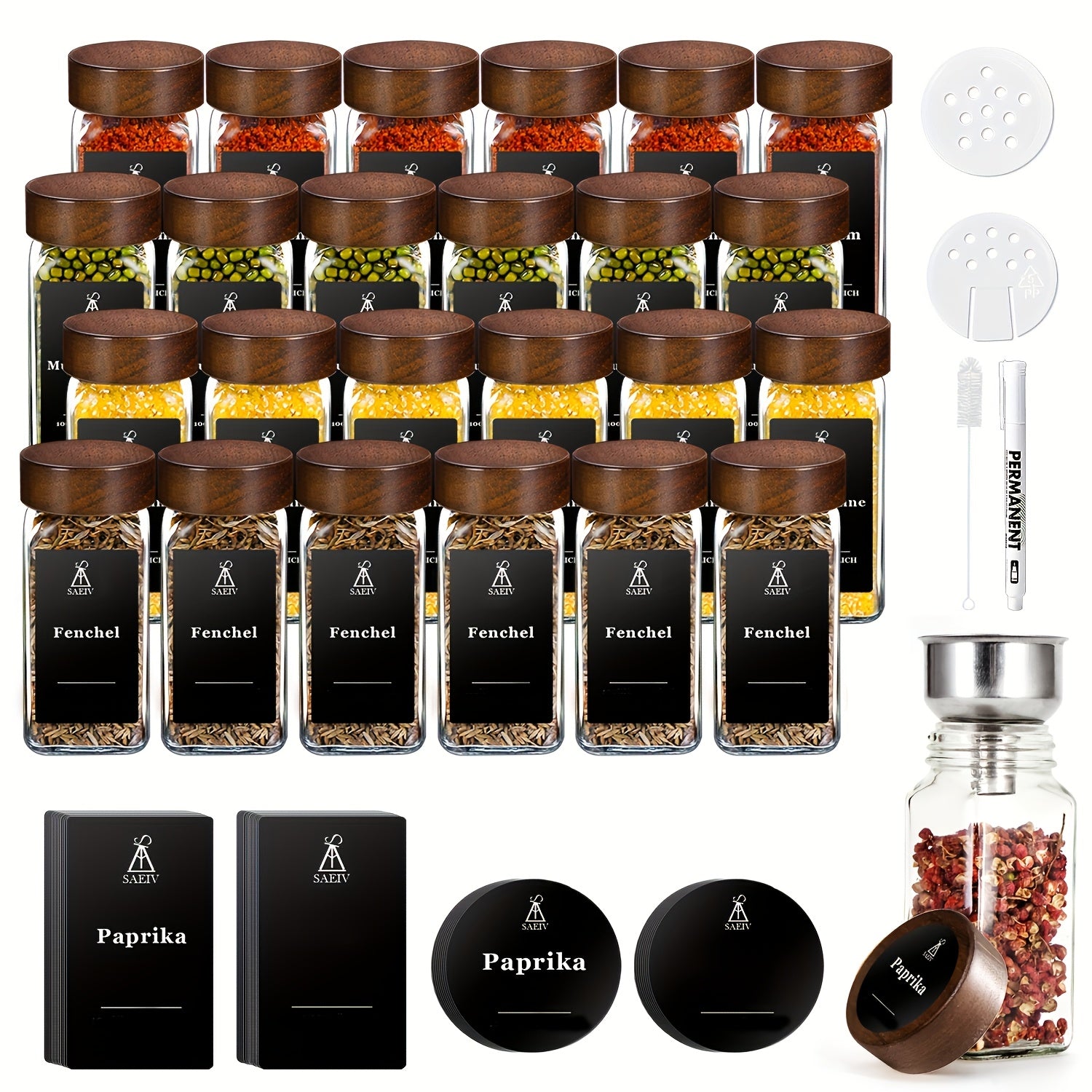 Set de Tarros de Especias Cuadrados SAEIV (Con Tapas): 12/24/35 Tarros de Especias (Con Etiquetas para Especias): Organizador Perfecto para Especias de Cocina, Vasos de 120 ml: Incluye Boquilla, Etiquetas, Cepillo de Limpieza y Colador
