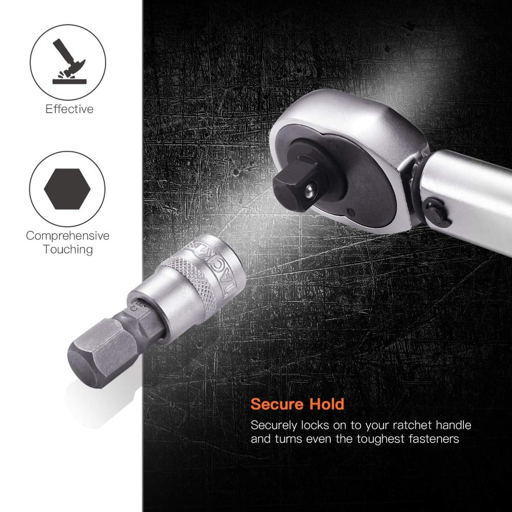 TAckLIFE Juego de 33 Piezas de Brocas Torx y Hexagonal 1/4", 3/8", 1/2" en Acero S2 y Cr-V con Estuche de Almacenamiento Duradero