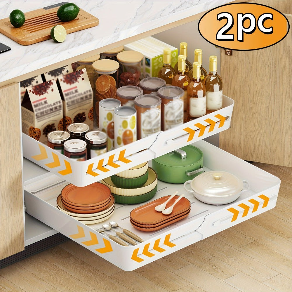 2 piezas/1 pieza Cajón de cocina expandible, estante telescópico de plástico con adhesivo, organizador de gabinete expandible, gabinete de cajón telescópico extraíble, utilizado para la organización del cuarto de utensilios de cocina, ancho ajustable de 3
