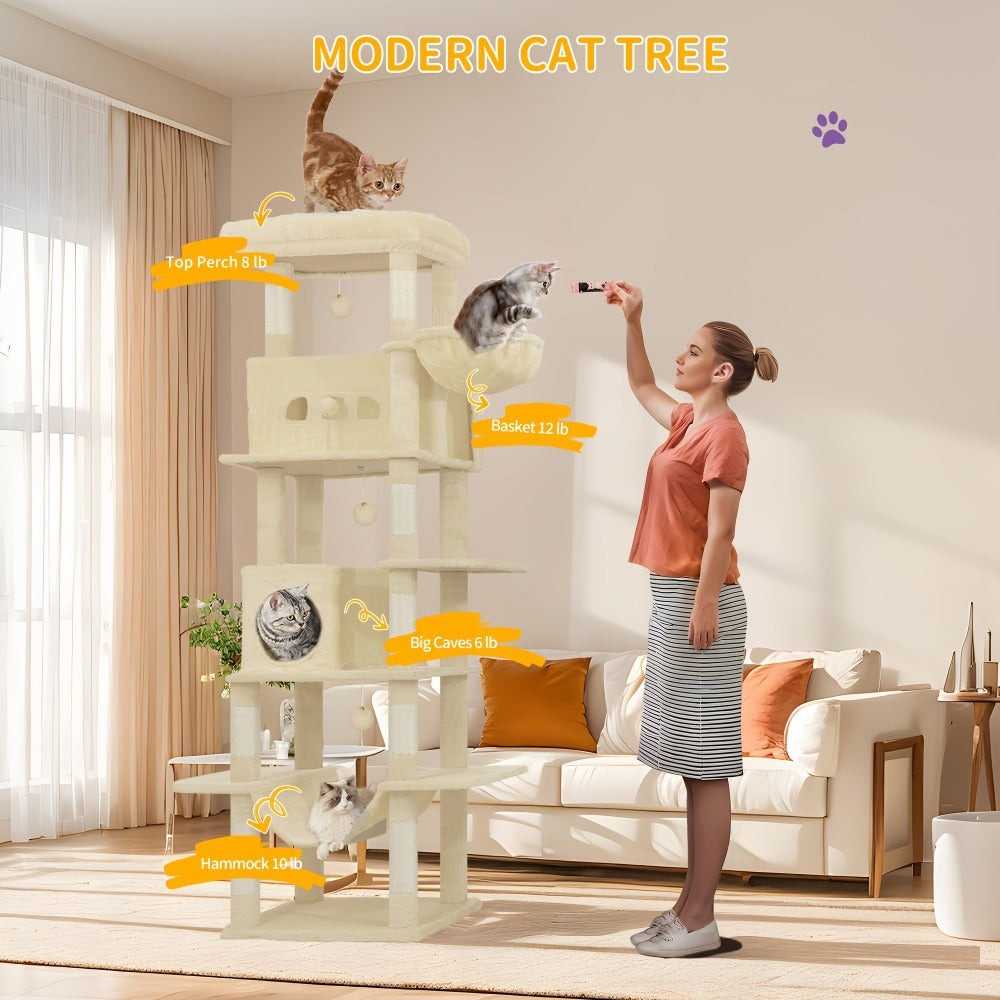 Rascador grande, árbol para gatos de 210 cm, con 8 postes rascadores, posadero, 2 cuevas, tapete lavable, hamaca, pelotas de felpa, rascador de varios pisos para gatos grandes, gris claro, gris oscuro