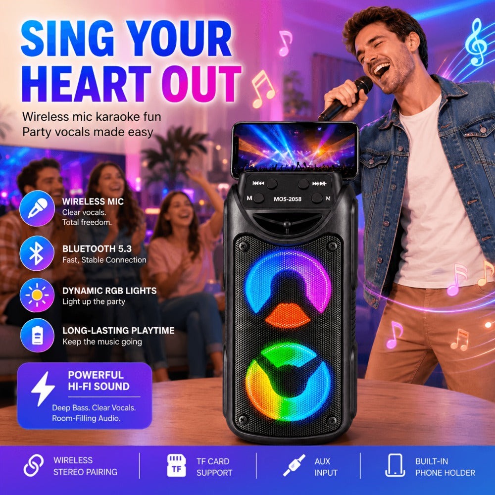 Altavoz inalámbrico portátil para fiestas con altavoces duales de 3 pulgadas, bajos profundos potentes, radio FM, luces ambientales LED y micrófono incorporado, altavoz de exterior de alto volumen para fiestas de verano, barbacoas en el jardín, camping, v