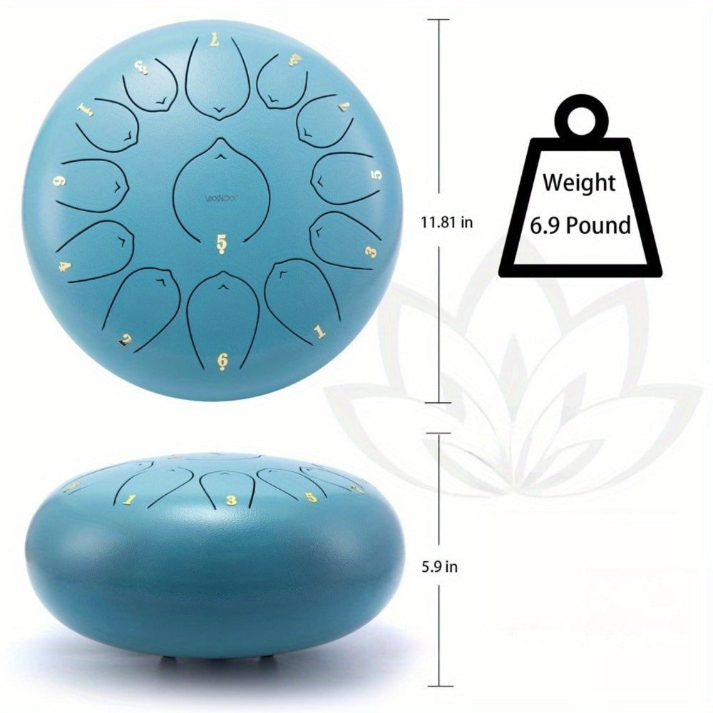 Tambor de lengüetas de acero de 12 pulgadas con 11 notas, completo con mazos de tambor, una bolsa de transporte y palillos de notas para terapia del sonido, meditación y yoga
