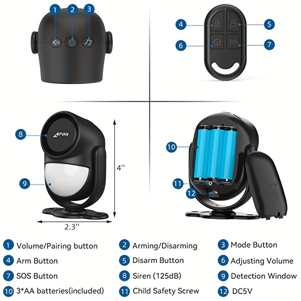 Alarma con detector de movimiento infrarrojo PIR CPVAN y control remoto, sensor de movimiento antirrobo para el hogar de 120 decibelios altos