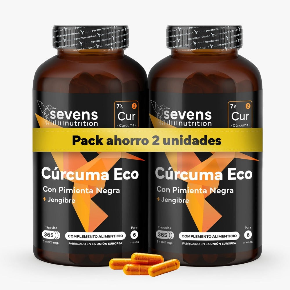 Pack 2x Cúrcuma ECO con Jengibre y Pimienta Negra – 1410 mg por dosis – 730 Cápsulas Veganas – Formato Ahorro XL – Sevens Nutrition
