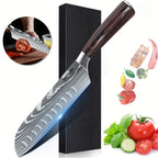 Cuchillo de Cocina Modelo D (Con Funda para Cuchillo) Caja de Regalo - Cuchillo de Chef con Patrón de Damasco y Grabado Láser para Cocina Occidental, Cuchillo de Chef Versátil y Cuchillo Santoku