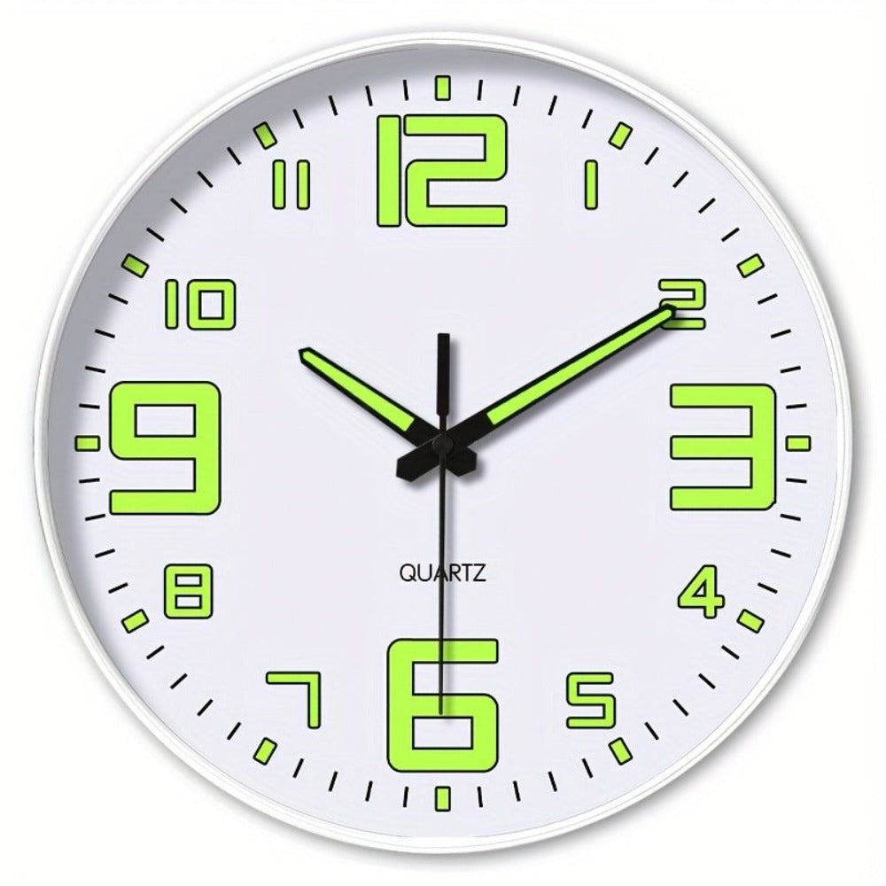 Reloj de pared de 12 pulgadas blanco que brilla en la oscuridad, números y manecillas luminosas que absorben energía, reloj de pared silencioso de plástico sin tictac, funciona con pilas, para sala, dormitorio, oficina, decoraciones de pared, regalos para