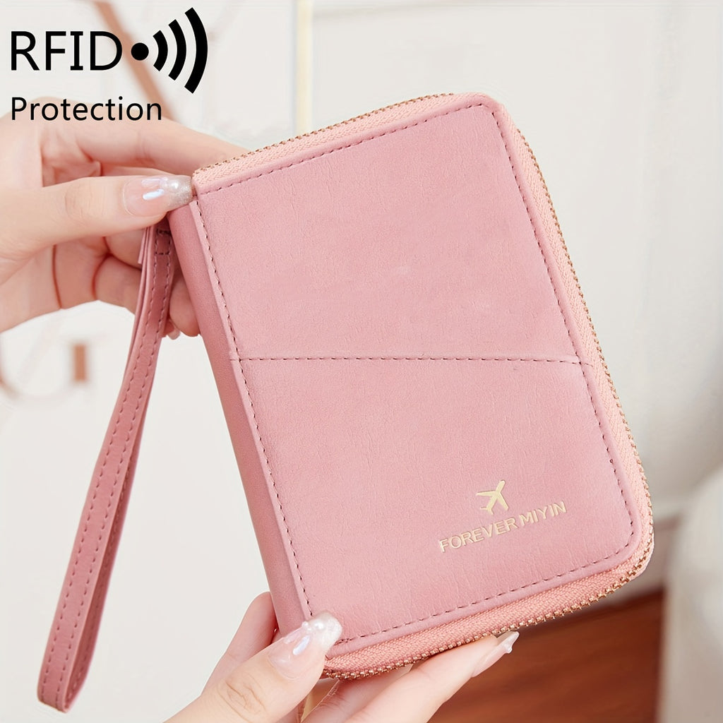 Portapassaporte RFID con cremallera y correa de muñeca, bolsa de almacenamiento multifuncional portátil para viajes, pasaporte y documentos, tarjetero