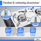 Estufa de Gas para Camping ZMC de 2 Quemadores con Adaptador LPG y Estuche de Almacenamiento – Estufa de Gas Doble con Potencia de 2.5 kW, Encendido Piezoeléctrico, Compatible con Cilindros de Gas Butano de 227g y Botellas de Gas LPG – Estufa de Gas Portá