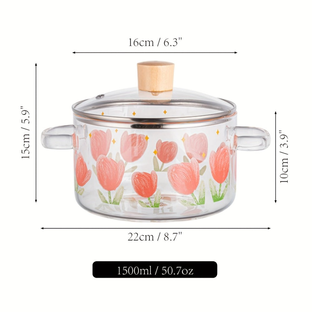 1 pieza de olla de vidrio con estampado de tulipán para sopa, 1500ml/50.7oz. Hecha de vidrio de borosilicato, adecuada para estufas de gas, estufas portátiles, estufas de cartucho, cerámicas eléctricas, no apta para cocinas por inducción, ollita pequeña c