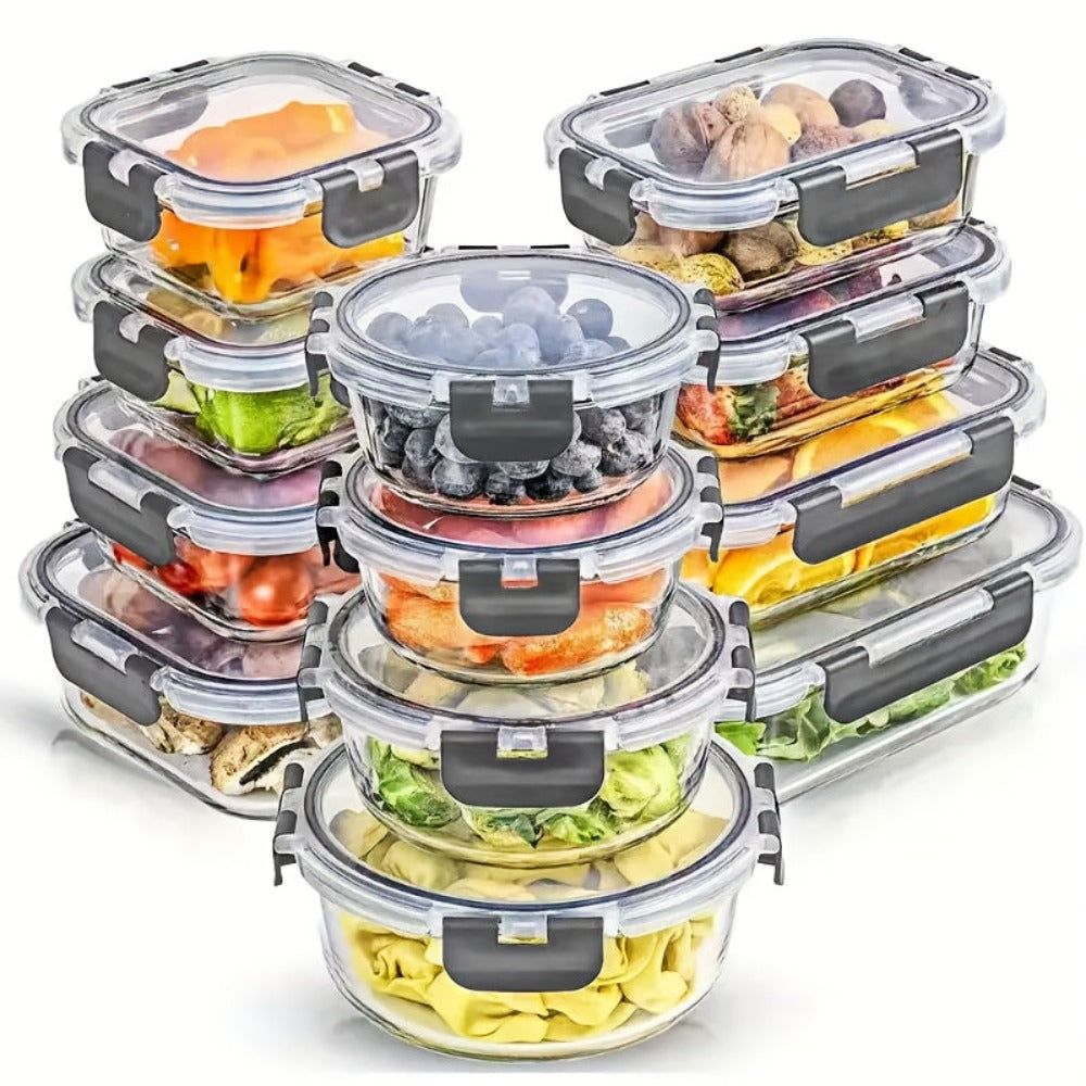 Juego de 24 recipientes de vidrio con tapas herméticas - frascos de almacenamiento de vidrio, ideales para cocinar, microondas y lavavajillas - perfectos para ensaladas, frutas, verduras, envases sellados, diseño inclinado (12 recipientes, 12 tapas)