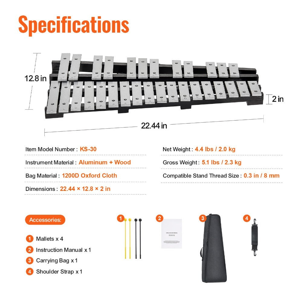 VEVOR 30 Notas Glockenspiel Xilófono Kit de Campanas, Instrumento de Percusión con Mazos, Baquetas y Bolso de Transporte, Set de Instrumento de Percusión Xilófono Glockenspiel Profesional