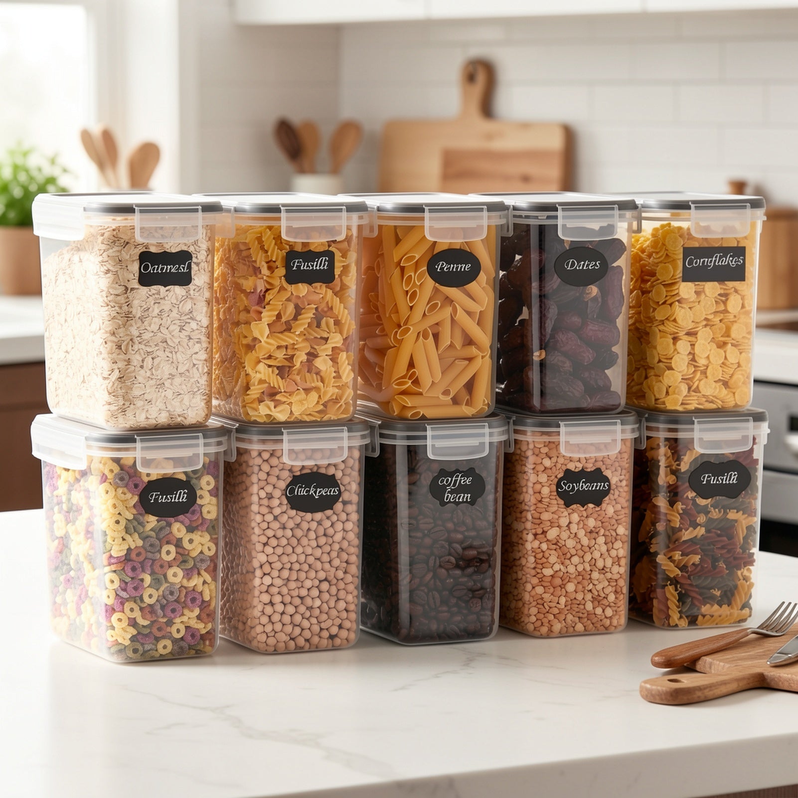 10 recipientes herméticos de 1.6L con tapas para almacenamiento de alimentos, organización y almacenamiento de despensa, organizadores herméticos de almacenamiento de alimentos y frascos de especias, juego de frascos de plástico para almacenamiento en nev