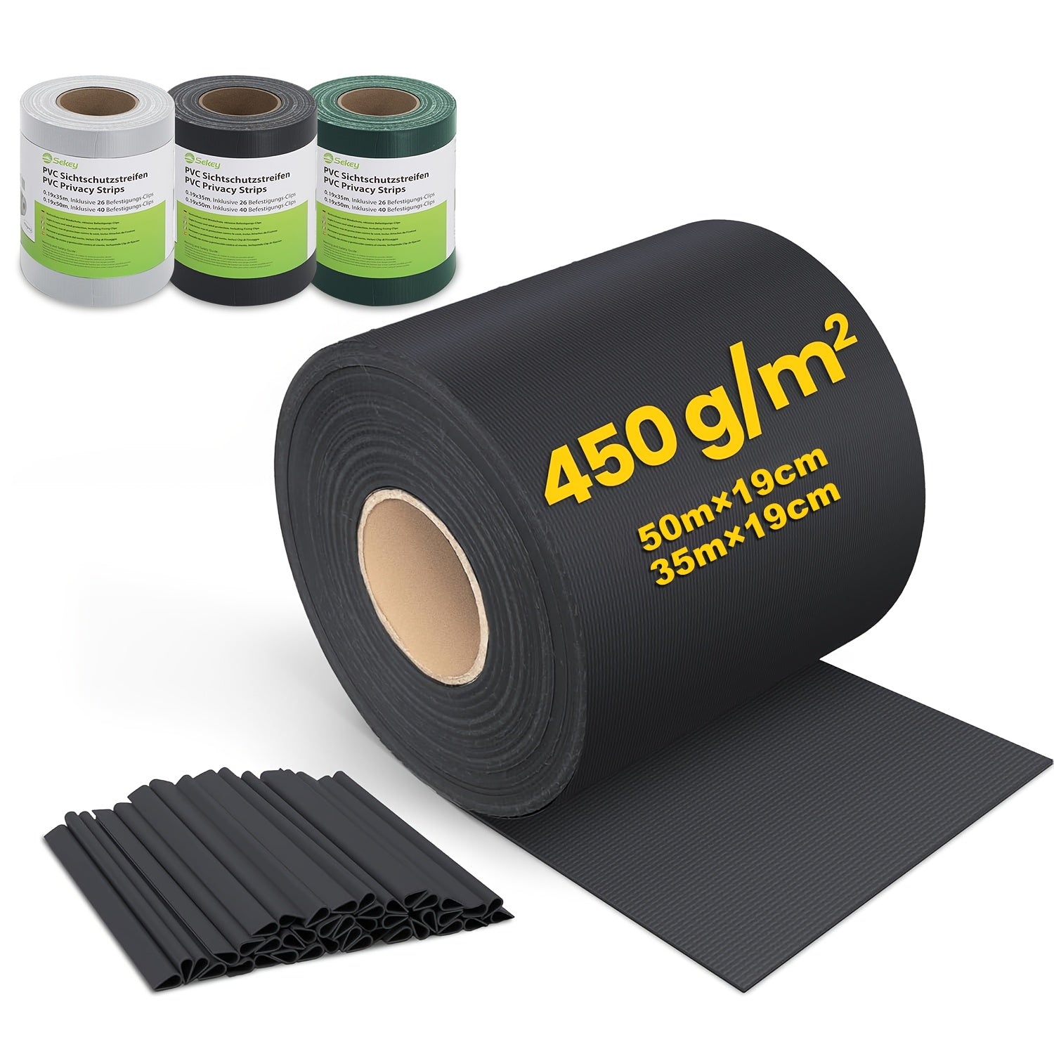 Tiras de PVC para pantalla de privacidad 450g/m², malla de valla de privacidad para jardín, 50m x 19cm, tapetes de doble varilla con 40 clips para terraza, patio, balcón, gris carbón, verde, gris claro