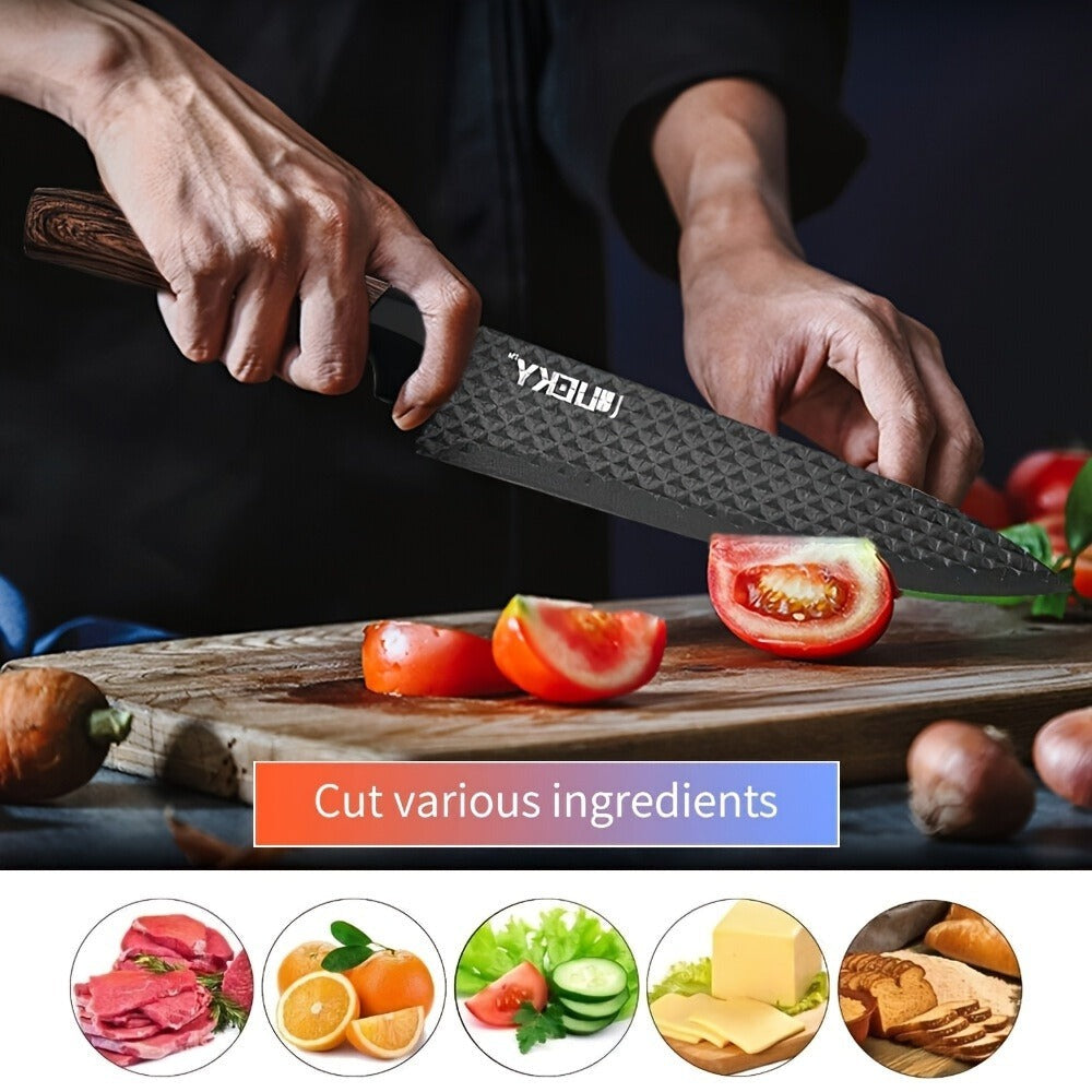 Un juego de 6 cuchillos de cocina para chef con hojas de acero inoxidable, famosos por su filo y durabilidad. Este juego incluye un mango ergonómico, tijeras y un pelador, todos resistentes al óxido y fáciles de mantener.