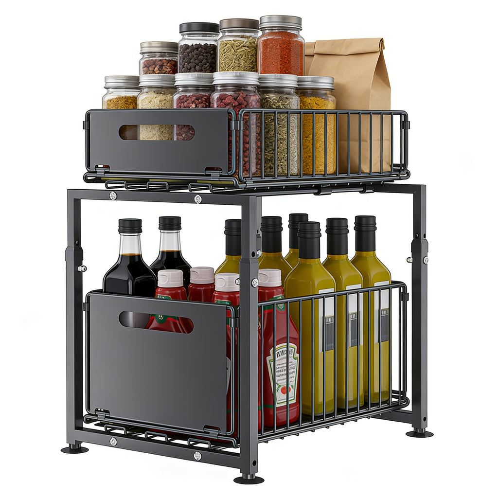 Organizador de 2 niveles para debajo del fregadero, cajones extraíbles, acero al carbono, almacenamiento para cocina y baño, almacenamiento deslizante sin taladrar para cocina, altura ajustable, , gran capacidad de carga
