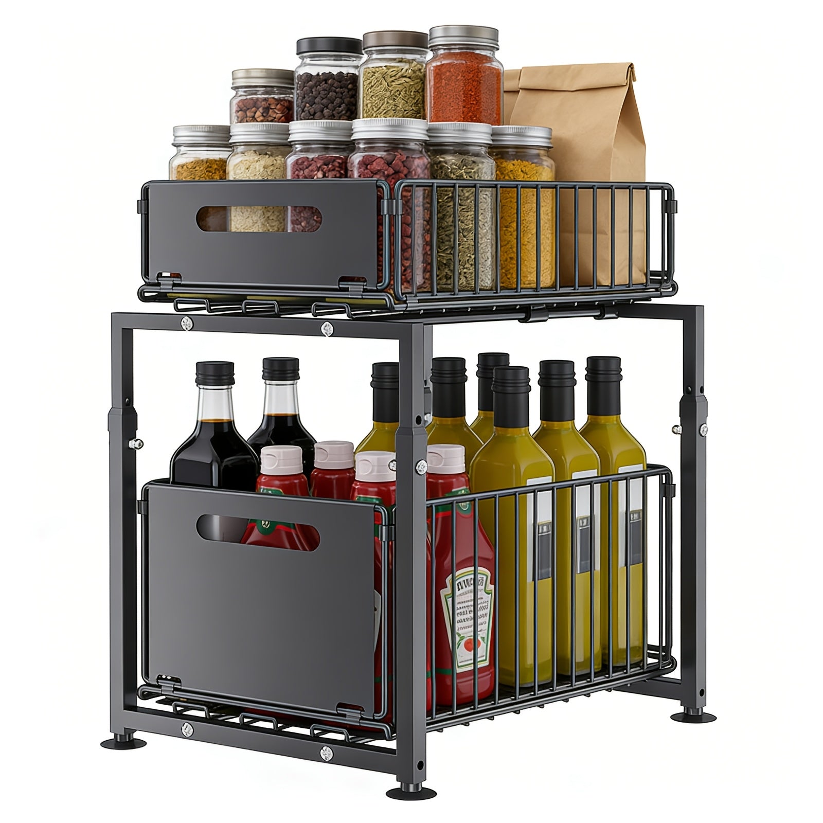 Organizador de 2 niveles para debajo del fregadero, cajones extraíbles, acero al carbono, almacenamiento para cocina y baño, almacenamiento deslizante sin taladrar para cocina, altura ajustable, , gran capacidad de carga