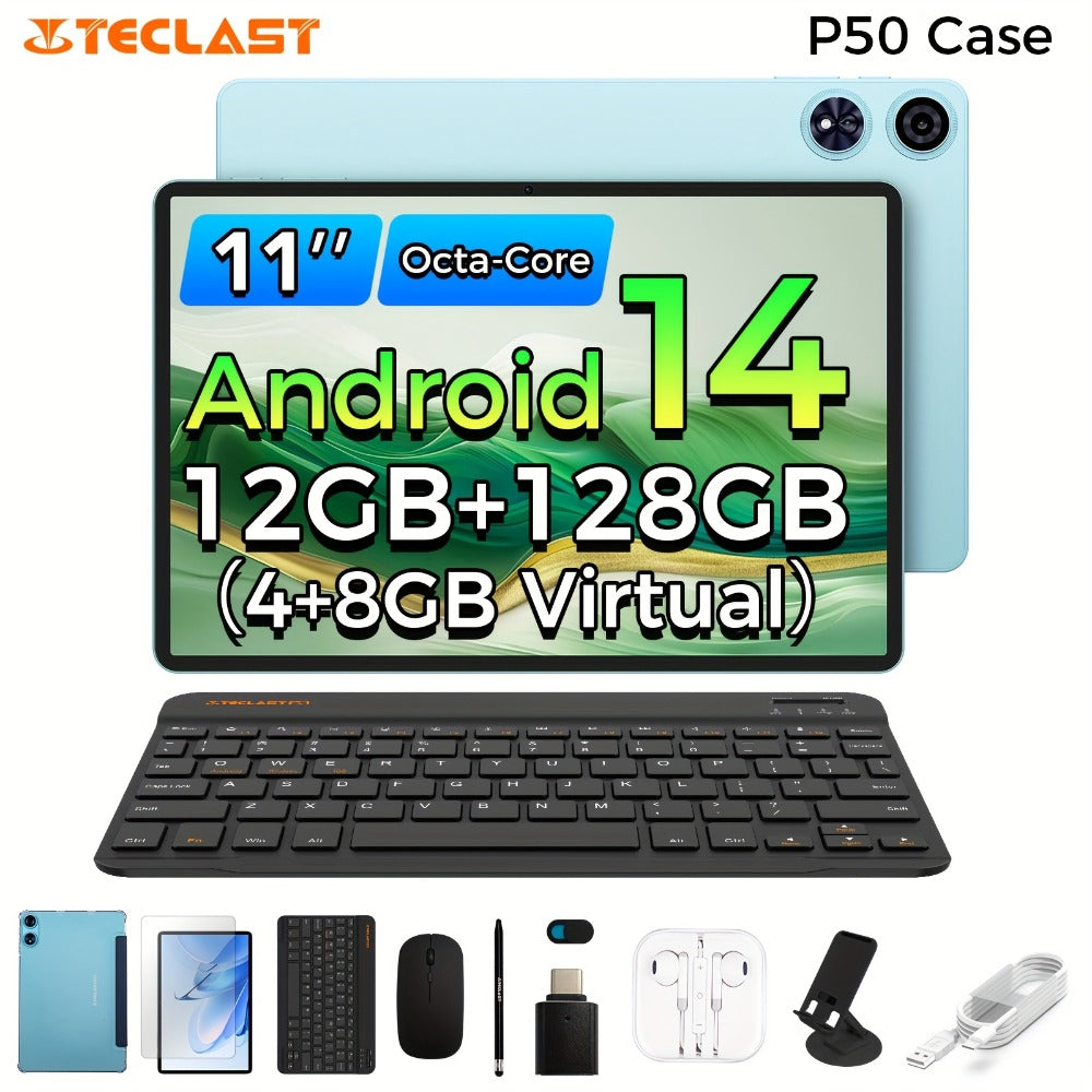 Funda para Teclast P50 Tablet PC de 11 pulgadas, Unisoc T606 Octa-Core G57 GPU, 4GB+8GB Extensión RAM 128GB Almacenamiento Android 14 Tablet Wifi, Batería de 7000Mah Carga Tipo-C Cámara de 8MP, Tablets 2En1 con Teclado, Funda, Auriculares, Adaptador, Tabl