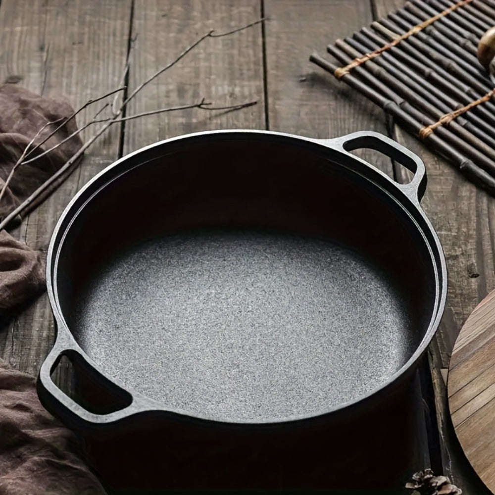 Olla de hierro fundido de 25CM con doble asa y tapa de madera, material de hierro fundido de alta calidad, conducción de calor uniforme, compatible con vaporización, fritura, estofado y hervido, apta para cocinas de inducción, estufas de cerámica y fuego