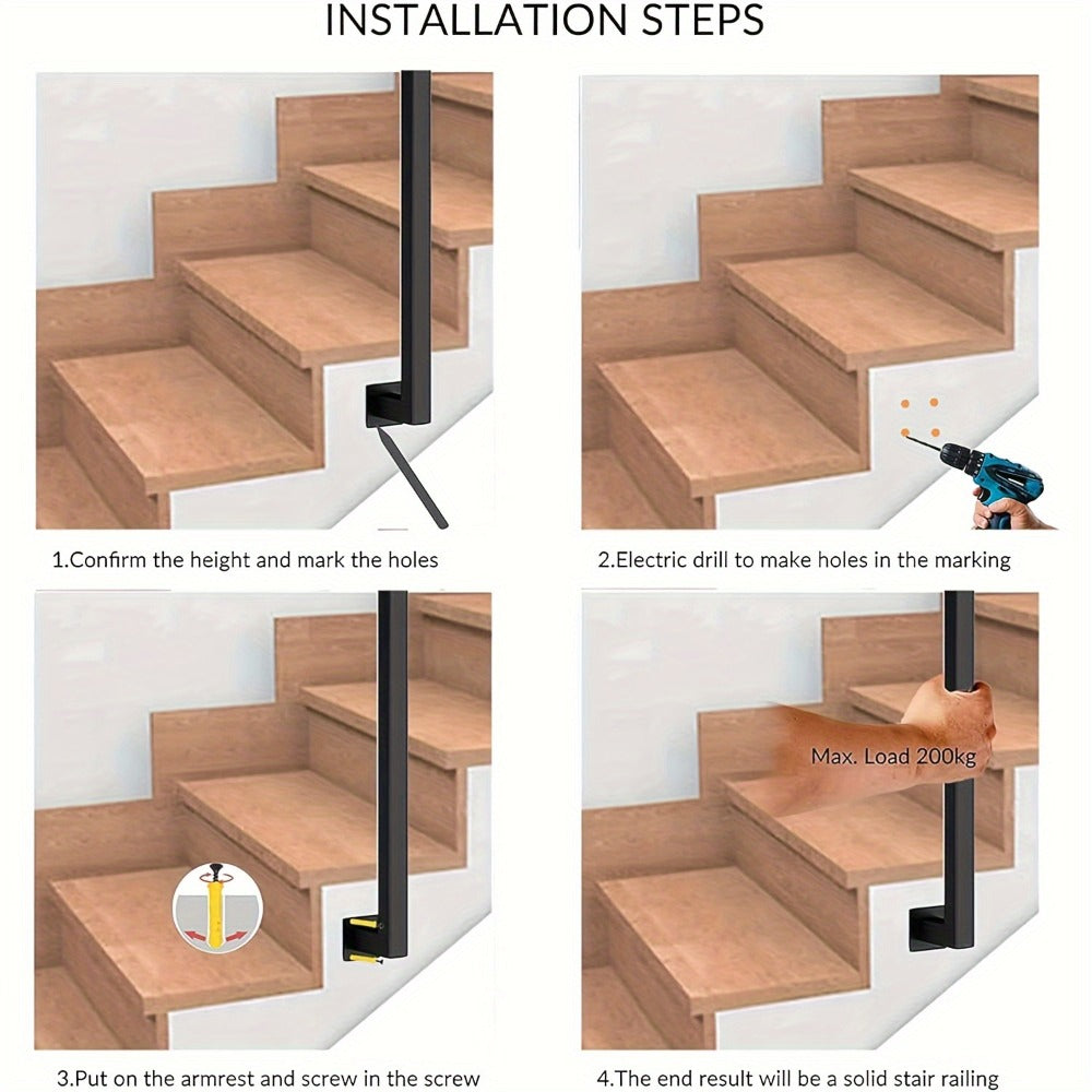 Barandillas para escaleras | Metal U-Shaped Handrail Railing for Stairs, Indoor Outdoor Balustrade, Side Mounted, Black, for Staircase, Balcony