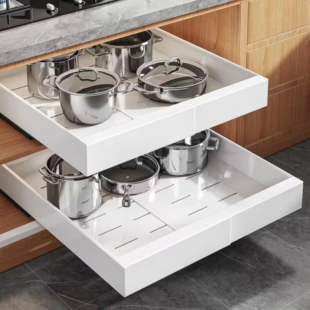 1 unidad de cajón telescópico, estantes de almacenamiento extraíbles y expandibles, ancho ajustable (31.5-52 cm), no requiere perforación para la instalación, adecuado para película adhesiva, diseñado para gabinetes de cocina y baño