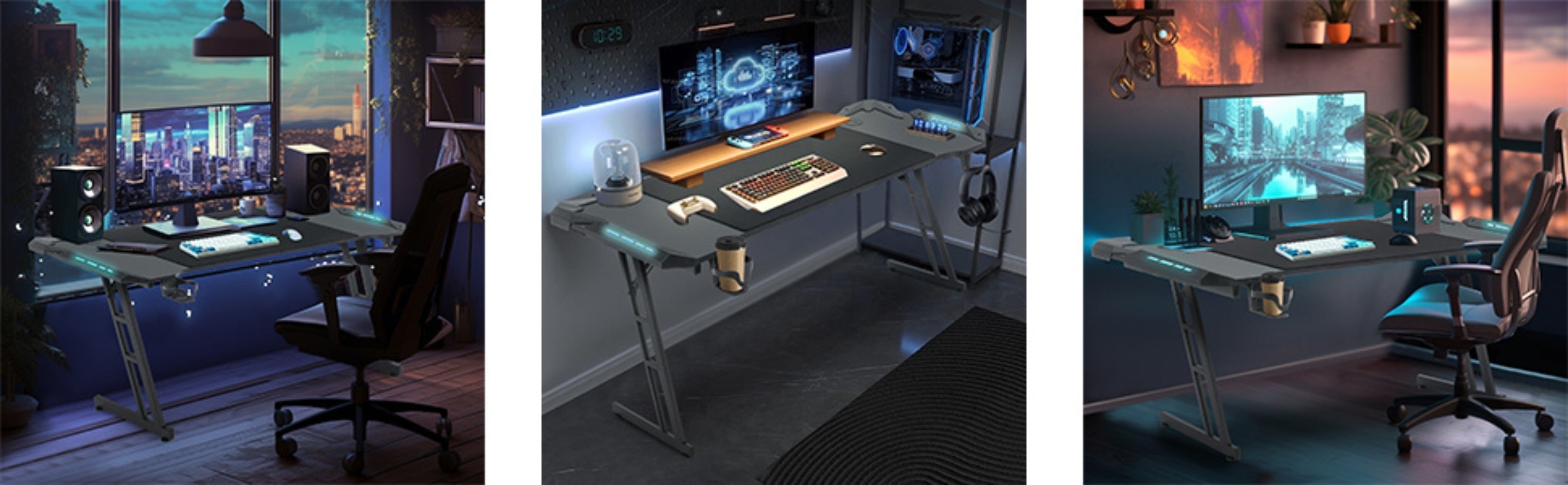 Mesa Gaming Mesa Gaming Escritorio Negro Tapa de Fibra de Carbono Mesa de Ordenador Gamer Mesa de PC Ergonómica con Agujero para Cables