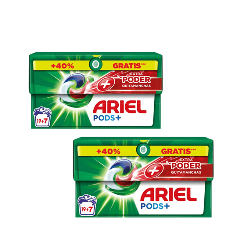 Pack De Ariel All-in-One Detergente Lavadora Líquido en Cápsulas/Pastillas,19+7 ( 26-130) Lavados, Más Poder Extra Quitamanchas, Limpieza Profunda