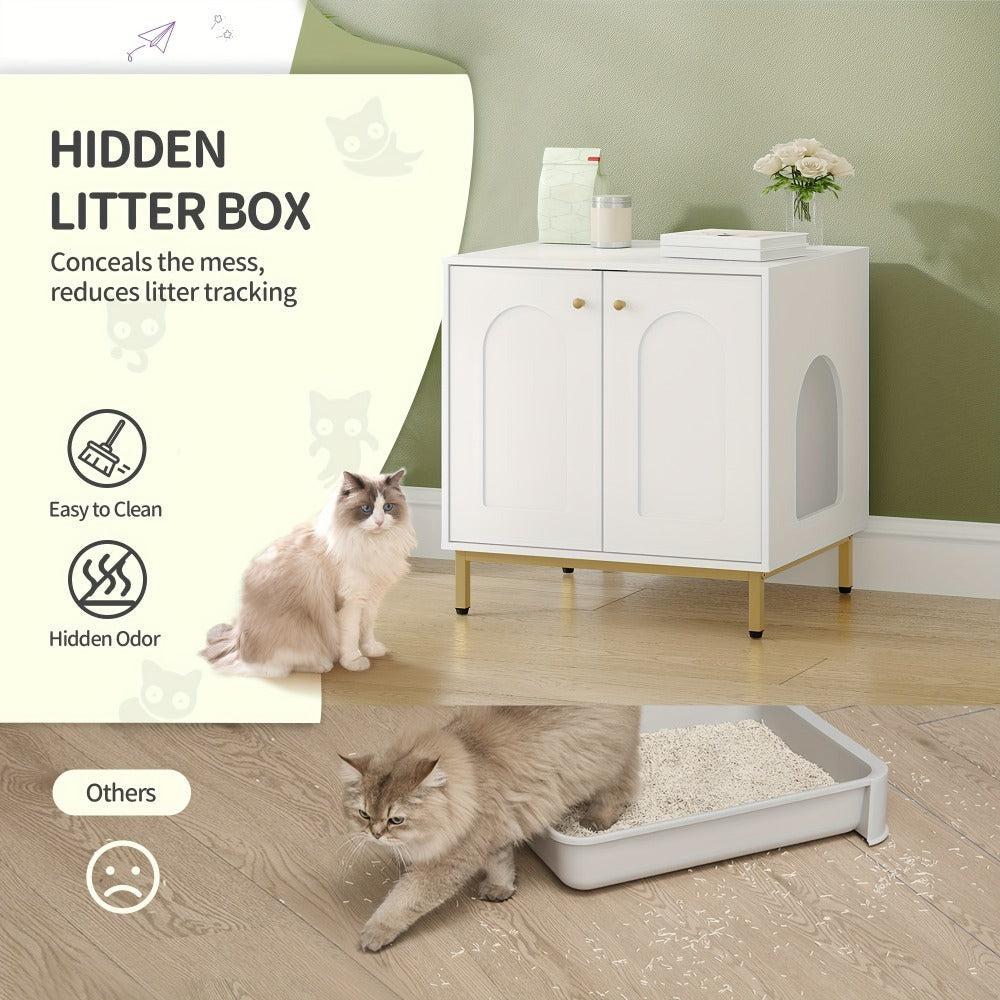 Gabinete para Gatos, Caja de Arena para Gatos, Casa para Gato con Puerta, Mesa Auxiliar de Madera para la Casa del Mascota, 50 X 60 X 61cm, Gabinete Estable para Gatos, Blanco y Dorado