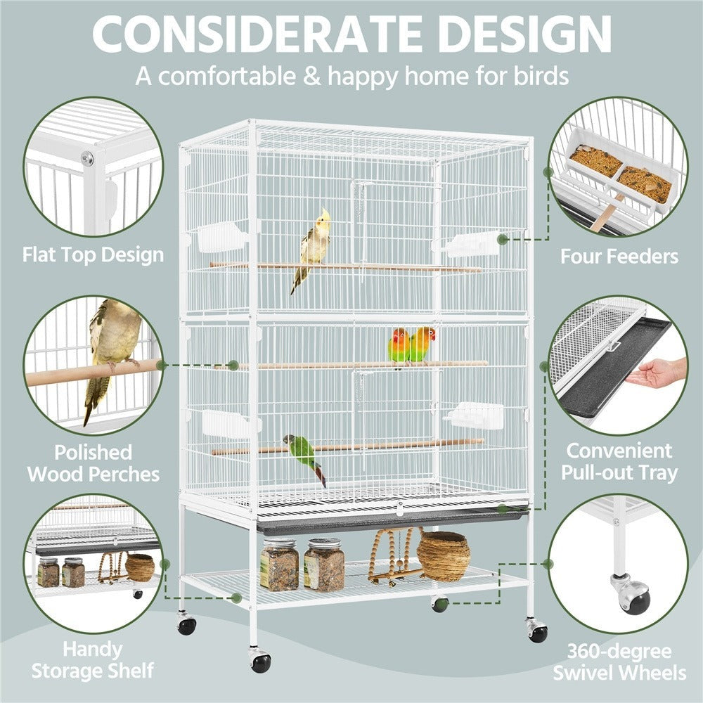 Jaula para pájaros con ruedas, 132 cm de altura, jaula grande para aves, pájaros y loros con compartimento de almacenamiento