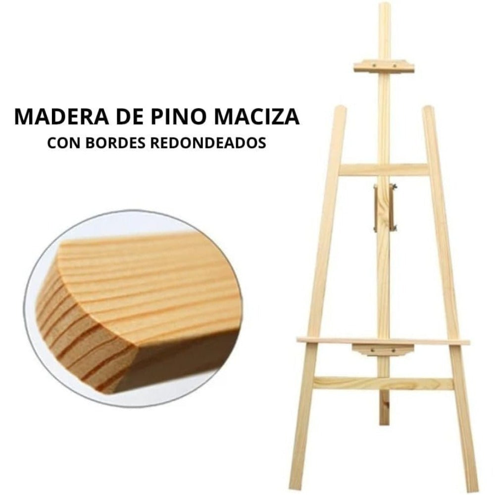Caballete Pintura Plegable | Atril para Pintar de Madera de Pino 175 cm | Altura e Inclinación Regulable | Ideal para Exposiciones Niños y Adultos | Ligero y fácil de plegar