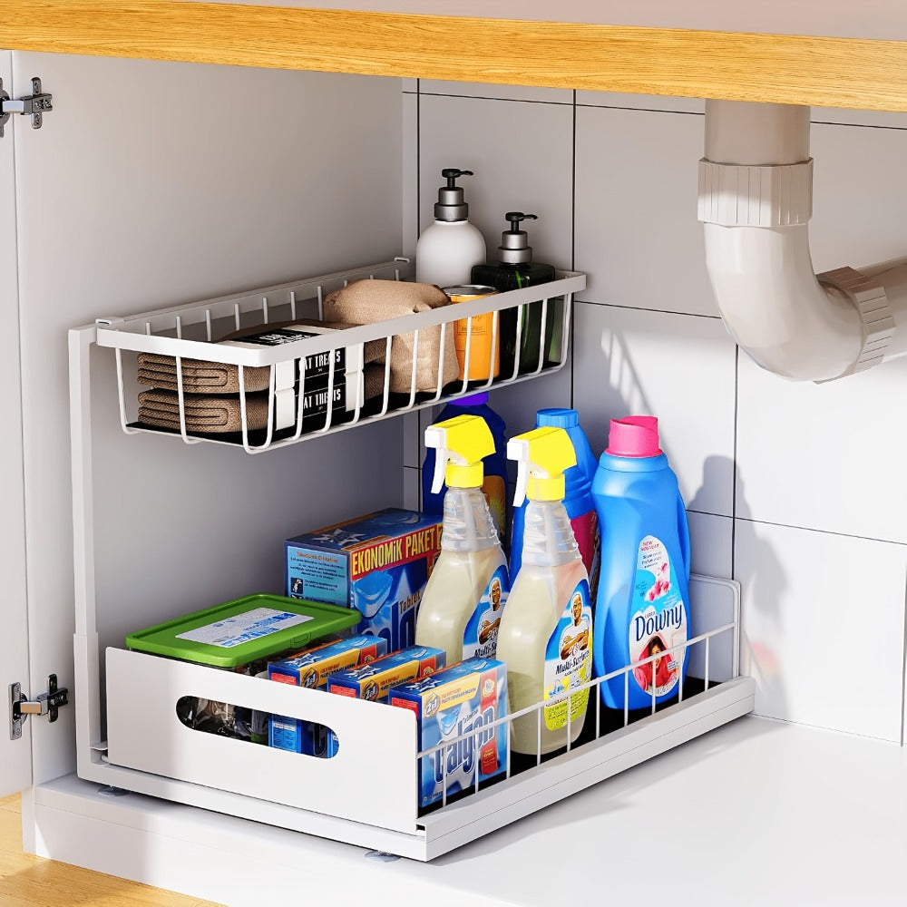 Organizador de Doble Capa para Debajo del Fregadero - Estante de Almacenamiento Extraíble de Plástico Resistente, Diseño Impermeable y Antioxidante que Ahorra Espacio, Adecuado para Cocina, Baño, Despensa, Lavandería - Fácil de Instalar