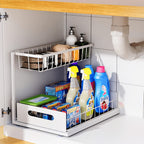 Organizador de Doble Capa para Debajo del Fregadero - Estante de Almacenamiento Extraíble de Plástico Resistente, Diseño Impermeable y Antioxidante que Ahorra Espacio, Adecuado para Cocina, Baño, Despensa, Lavandería - Fácil de Instalar