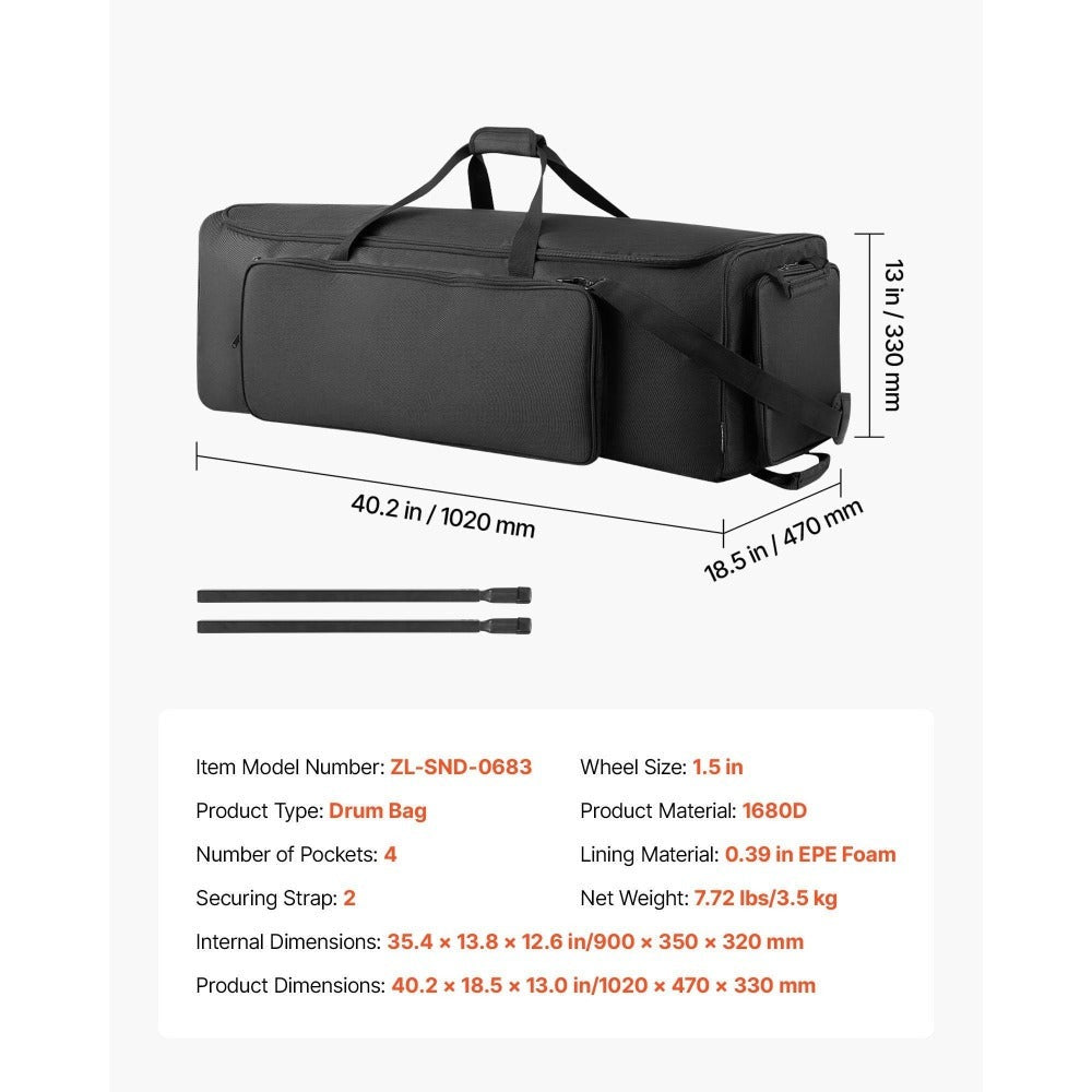 Bolsa para herrajes de batería VEVOR con ruedas, 1680D, bolsa de transporte para equipo de batería, estuche de transporte con asa resistente, cremallera duradera, ruedas de PVC suaves, múltiples bolsillos, para herrajes y accesorios de soporte, negro