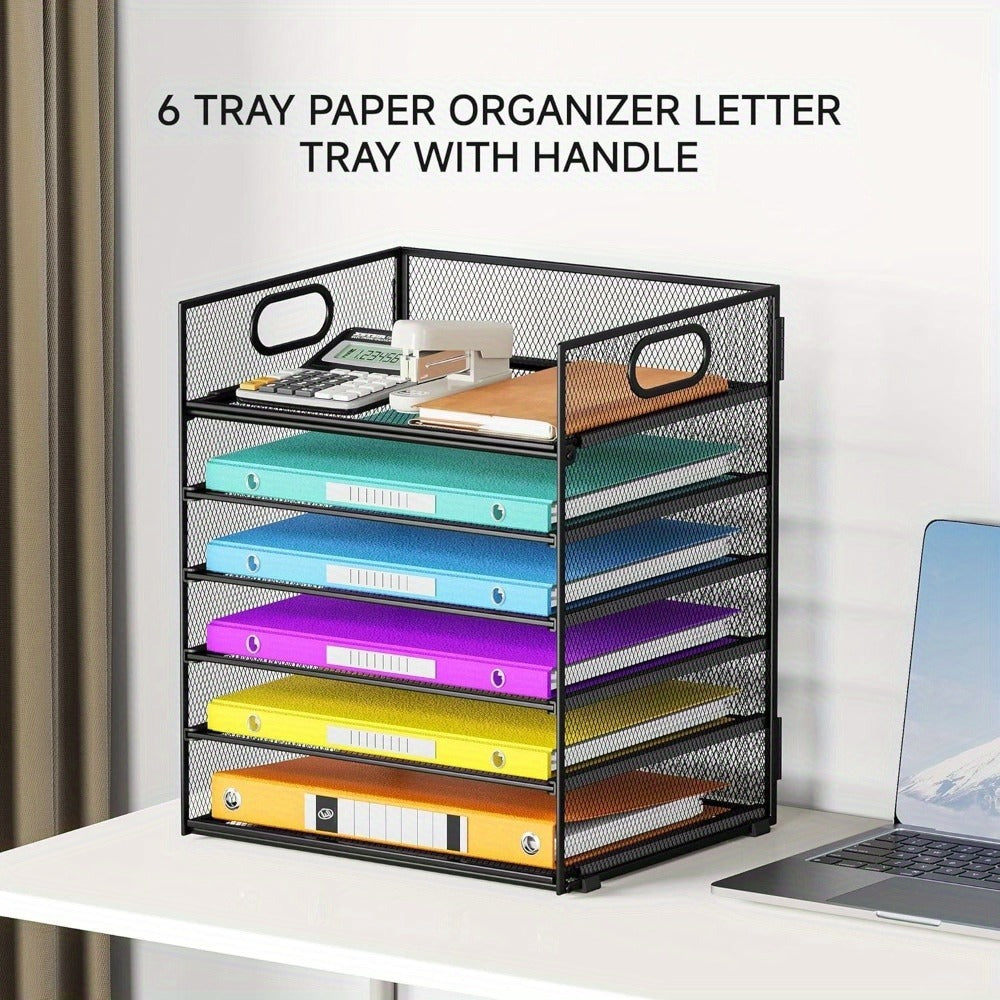 Organizador de escritorio, 6 niveles para hojas de carta, portaarchivos apilable, contenedores de almacenamiento con asa, artículos de oficina para hojas de documentos A4, papel, libro, revista