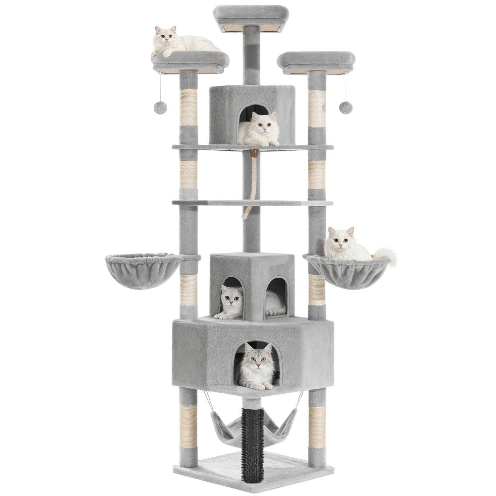 Árbol para gatos de 220 cm de varias capas con 3 casitas para gatos, 3 plataformas, 3 hamacas, 8 postes de sisal, 1 bola de pelo y 1 cuerda de sisal