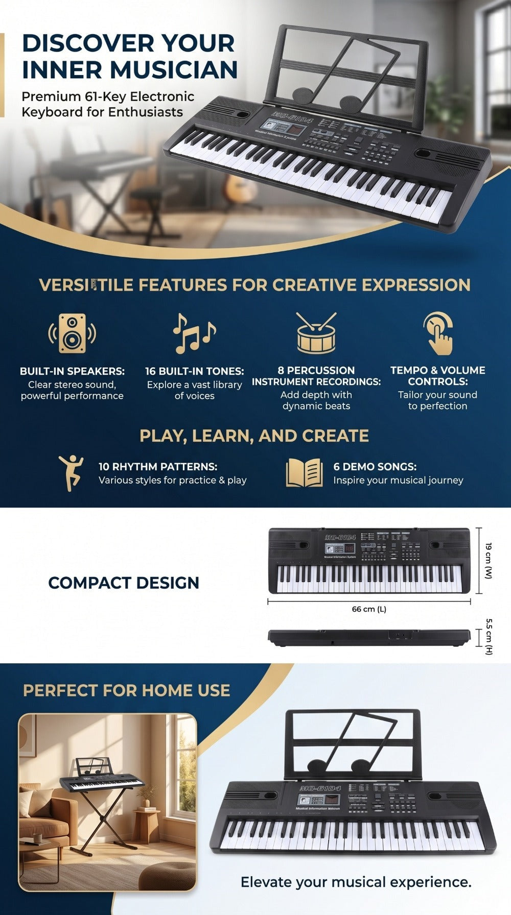 Piano electrónico de 61 teclas, piano ideal para principiantes, piano electrónico portátil, con 16 tonos, 8 efectos de sonido de percusión, 10 ritmos, 6 demostraciones, altavoces incorporados, sonido de alta calidad, es la mejor opción para entusiastas de