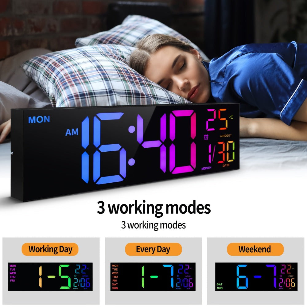 Reloj de pared digital grande de 41.91 cm con control remoto, LED grande/doble alarma/8 colores RGB/brillo automático/fecha/DST automático/temperatura/luz nocturna Relojes de gimnasio para decoración de pared de sala de estar, dormitorio y oficina