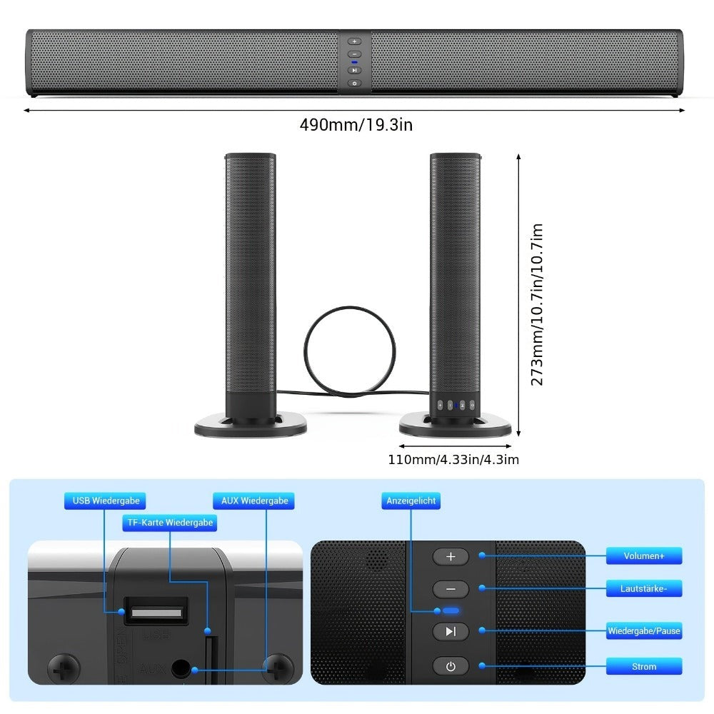 Barra de Sonido Estéreo para Smart TVs, Subwoofer sin varillas 2 en 1, Sistemas de Cine en Casa, Mejora de Graves, Conectividad Inalámbrica, TF, AUX, FM, RCA, TWS, Batería Recargable Integrada de 2000mAh, Compatible con Reproductor de DVD, TV, Computadora
