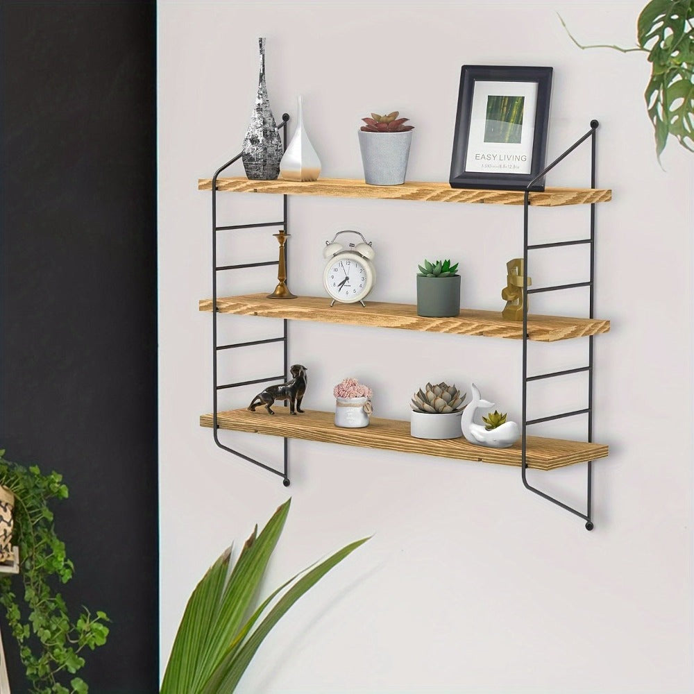Estante Flotante de Pared, Unidad de 3 Niveles, Estantes Flotantes Rústicos para Cocina, Almacenamiento de Pared Ajustable, Estanterías Montadas en Pared para Libros, Plantas, Madera y Metal, Estantes de Exhibición para Sala, Dormitorio, Cocina, Estantes
