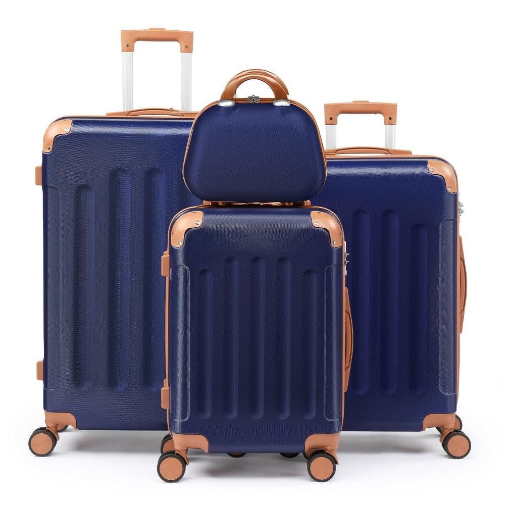 Juego de equipaje de cuatro piezas, que incluye maletas ligeras equipadas con ruedas, estuches duraderos de ABS con cerradura y ruedas giratorias. Esta colección de equipaje de mano incluye tamaños de 12, 20, 24 y 28 pulgadas.