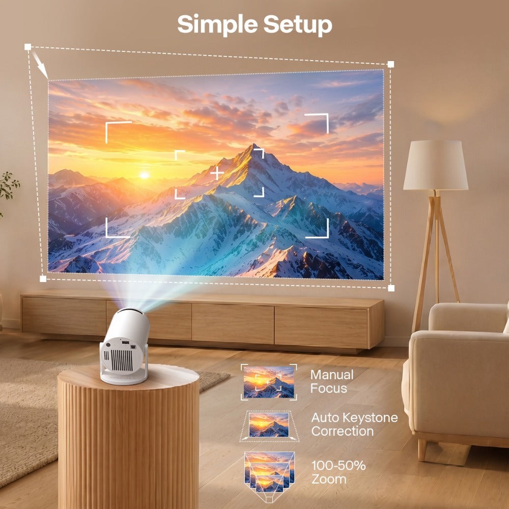 [Proyector Mini Portátil para el Hogar Magcubic HY300Pro] Nativo 720P, Compatible con 8K - 300ANSI - Enfoque Manual y Corrección Trapezoidal - Relación de Proyección 0.9:1 - Android 14 - Almacenamiento de 1GB RAM + 8GB ROM - Mini Proyector de Cine en Casa