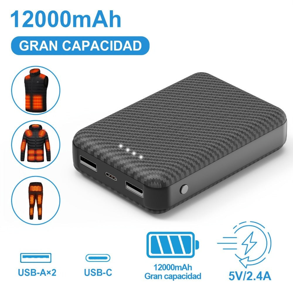 Batería de 12000mAh para Chaleco Calefactor - Power Bank de 5V 2.4A para Chaqueta Calefactora, Sudadera con Capucha y Pantalones, Cargador Portátil USB C Powerbank Compatible con iPhone 16/15/14/13/12/11 Pro/Pro Max, iPad, Samsung, Tablet y Más.
