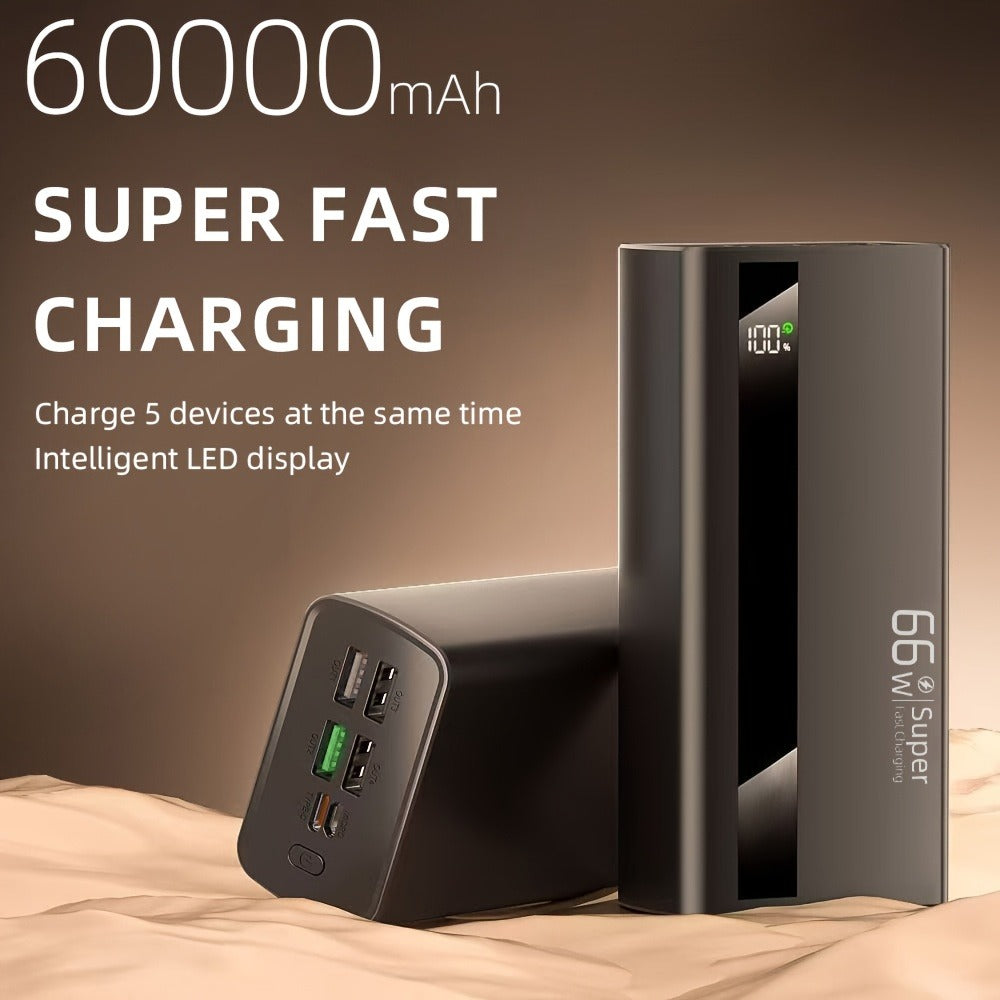 Un cargador portátil de 60000 mAh con capacidades de carga rápida, que cuenta con una pantalla digital inteligente, fabricado con tecnología de polímero de litio, ofrece una alta capacidad para cargar varios dispositivos al mismo tiempo, perfecto como reg